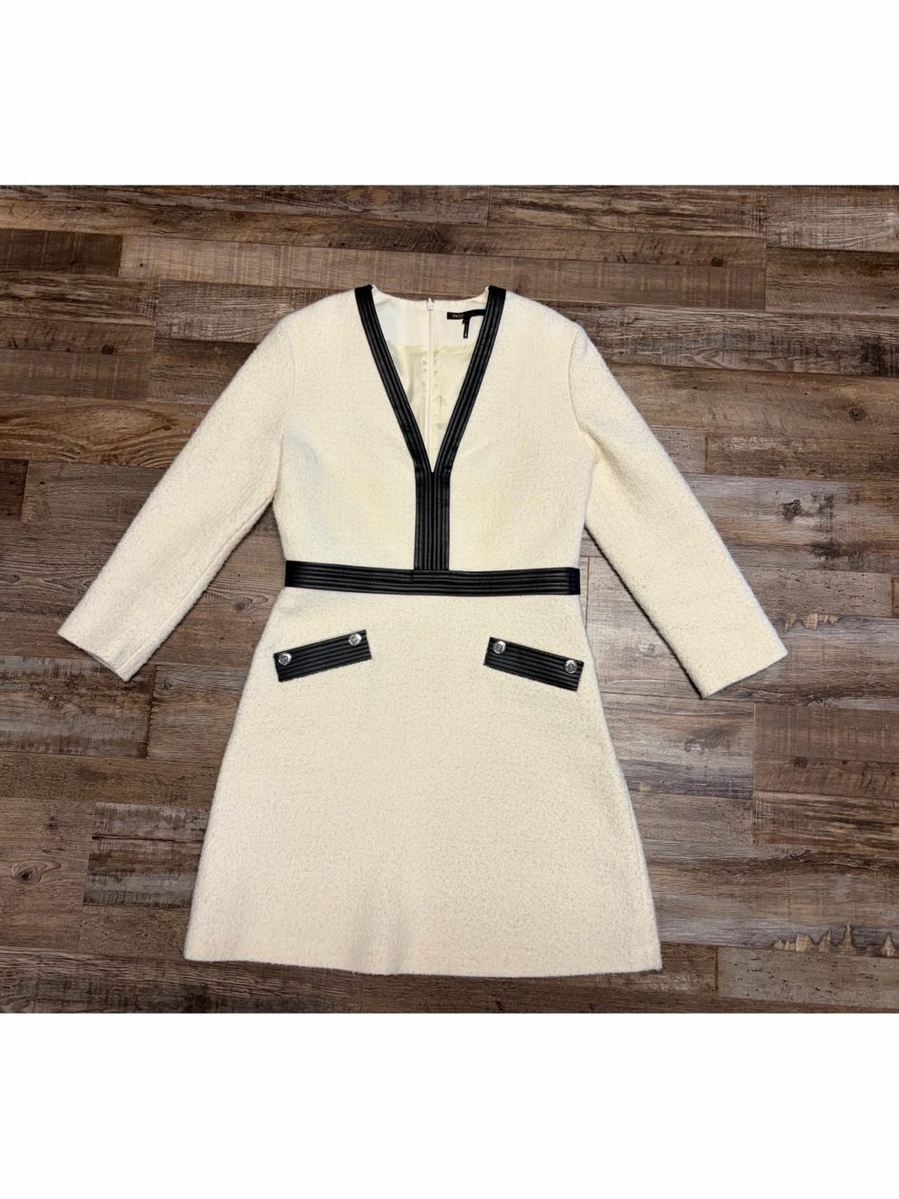 EUC MAJE Cream Tweed Mini Dress Black Trim 42 8 M Medium - Picture 3 of 10